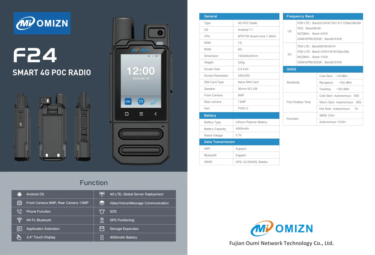 OMIZN F24 4G POC Radio, Android 7.1 Walkie Talkie Unlimited Range with 8MP/13MP Camera, GPS, 4000mAh Battery, WiFi/Bluetooth